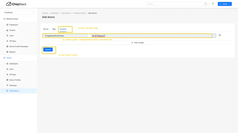 Go to the **Variables** tab, put your **Application key** to the field and click on **Submit** button to save the device.