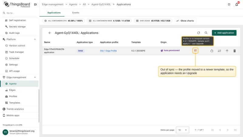 The Applications table of an agent with an out-of-sync application and a tooltip explaining that the profile is on a newer template version, so an update does not apply it and an upgrade is required