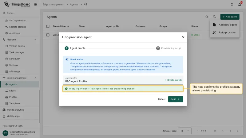 The Auto-provision agent dialog with the selected profile and a note confirming that the profile has provisioning enabled