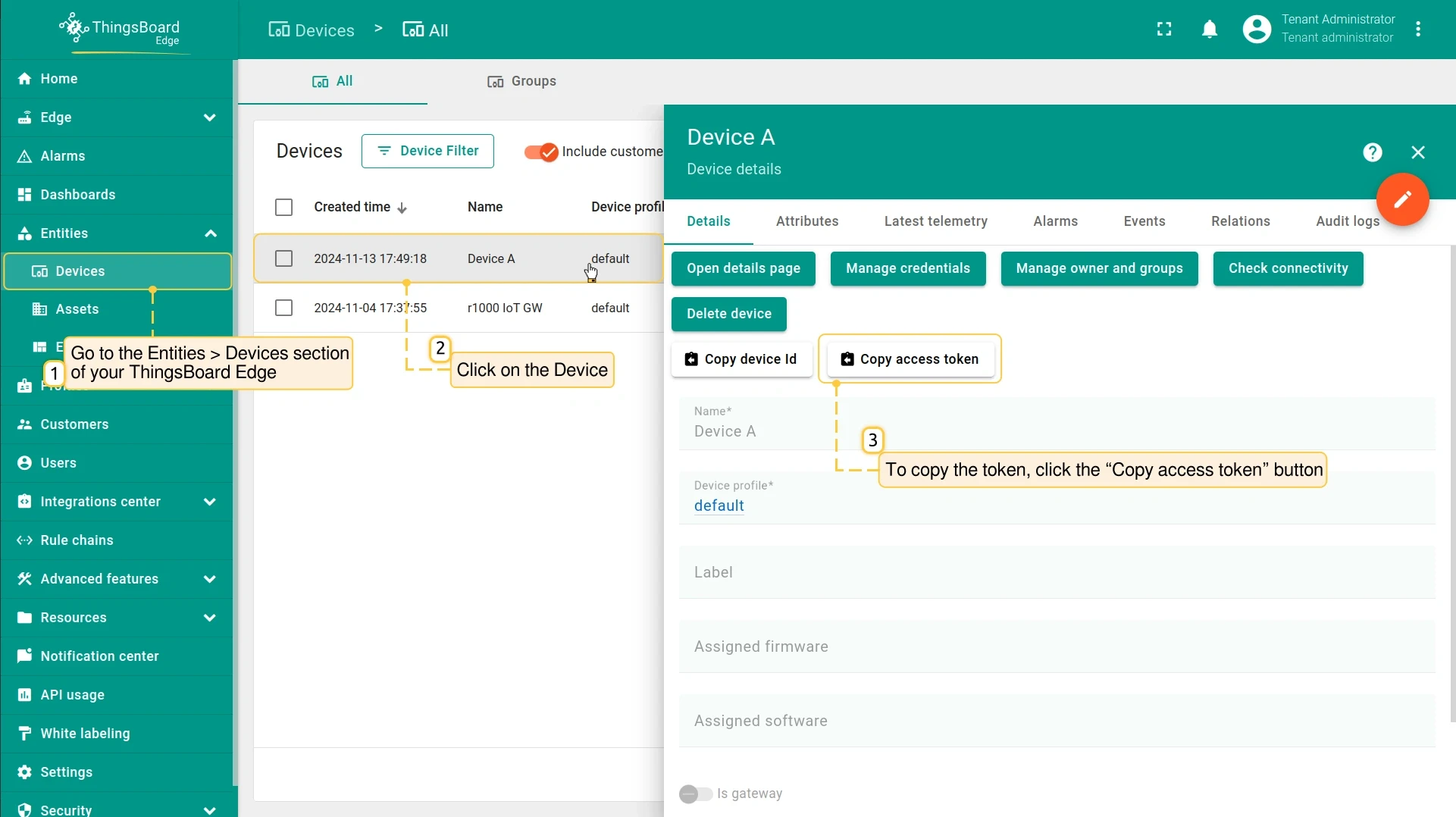 Device details page with Copy access token button highlighted (PE)