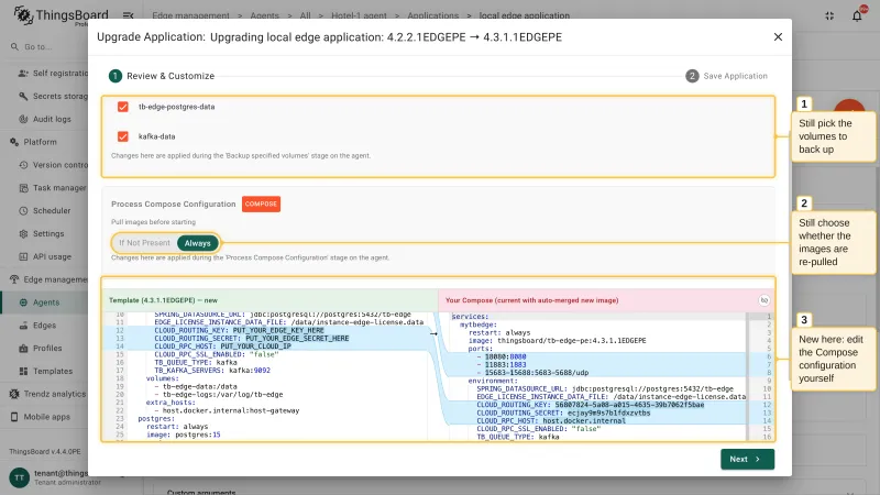 The Review and Customize step of the Upgrade Application wizard for an application without a profile: the volumes to back up, the image pull policy, and the editable Docker Compose configuration with the new template shown side by side with the current configuration