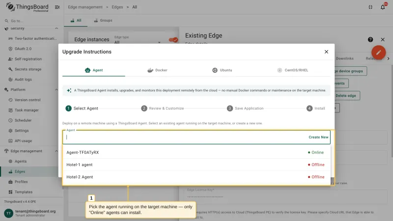 The Select Agent step of the Agent tab with the list of agents and their online or offline status