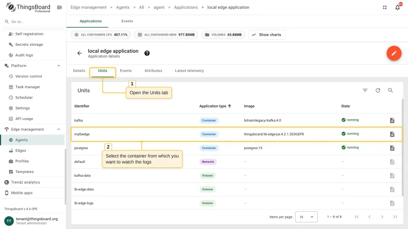 The Units tab of an application listing its containers, network, and volumes, with a container row highlighted