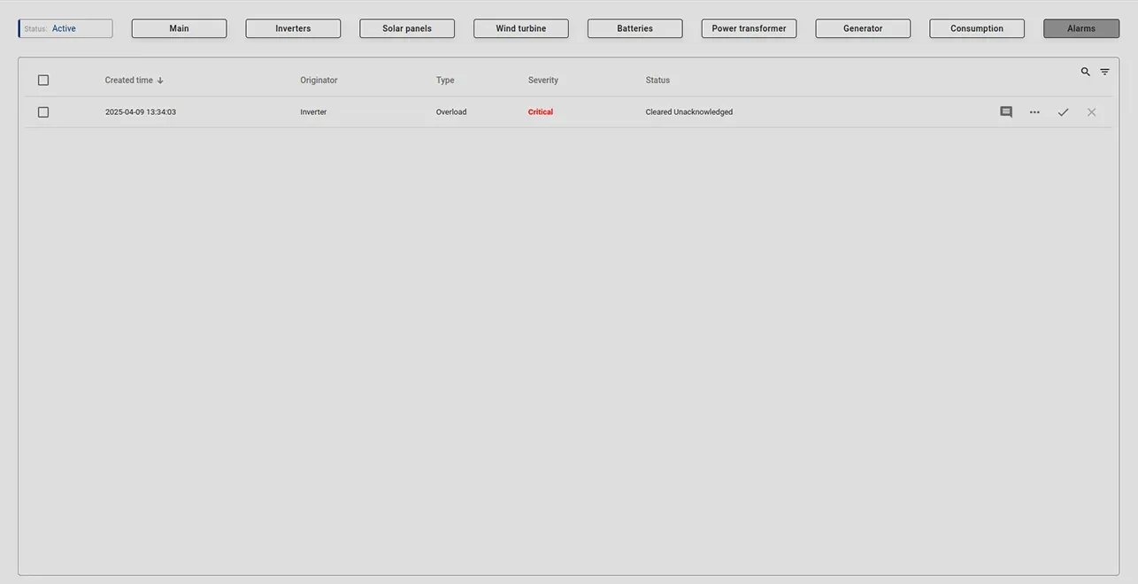 Energy system alarms dashboard with severity and timestamp details