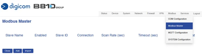 Modbus Master page with Add button