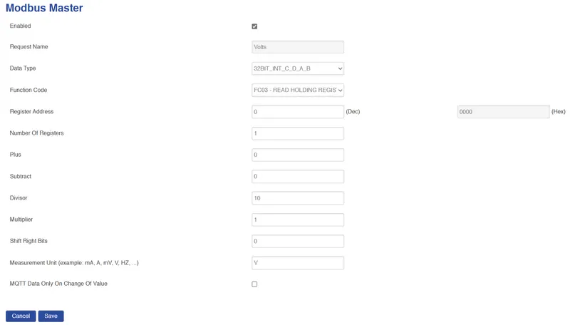 Add Modbus request form with Volts register configured