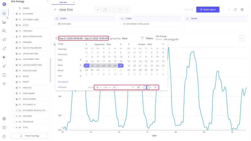 From and To time fields under the calendars set to 8 h and 18 h, with the toolbar showing the range with times