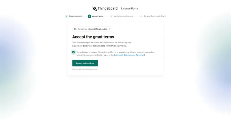 License Portal Accept the grant terms page with the confirmation checkbox selected