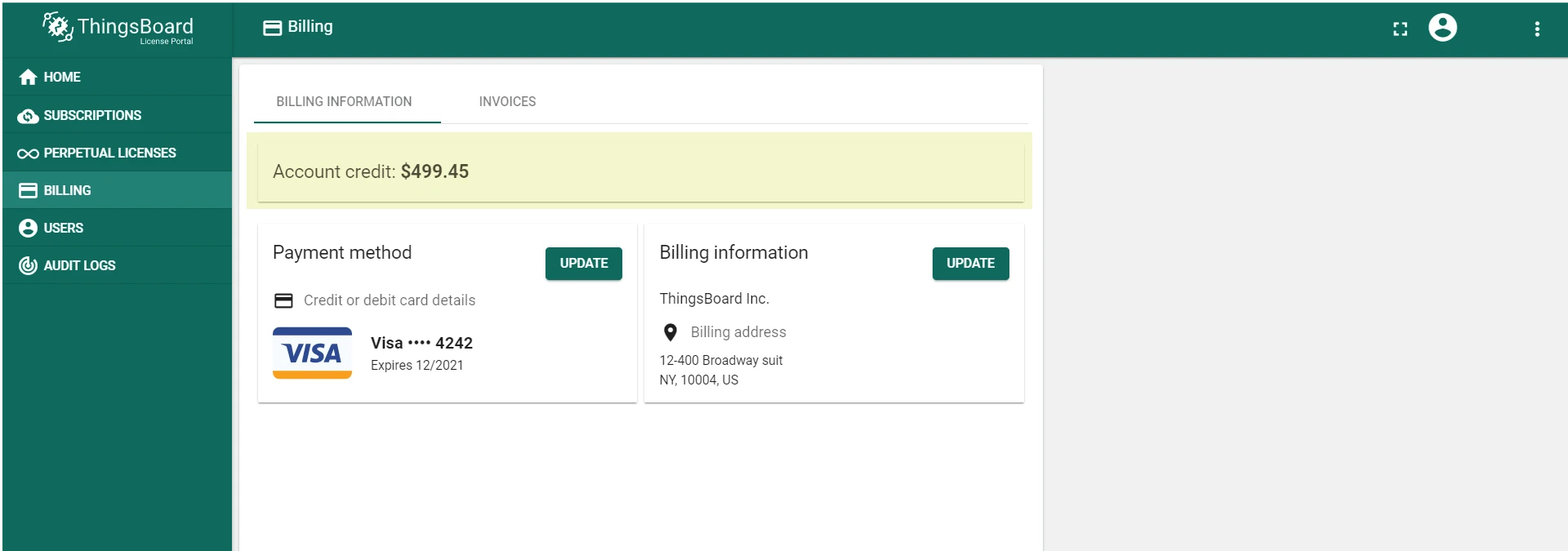 Account credit in billing section