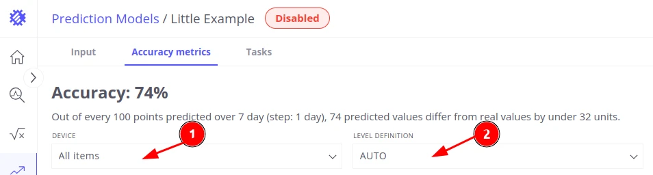 Accuracy tab configuration with device selection and AUTO/MANUAL threshold options