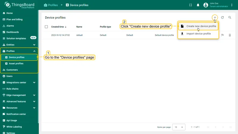 Go to **Profiles** > **Device profiles** and click on **"Add"** button > **"Create new device profile"**