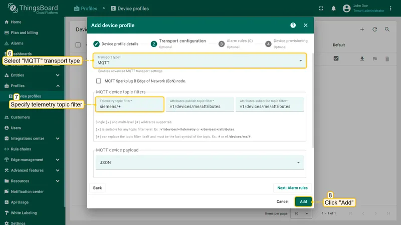 Click on **"Transport configuration"** tab, select **MQTT** transport type and change **Telemetry topic filter** value from **"v1/devices/me/telemetry"** to **"siemens/+"**, click on **"Add"** button