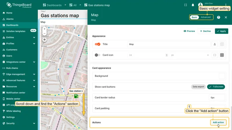 Actions section with Add action button