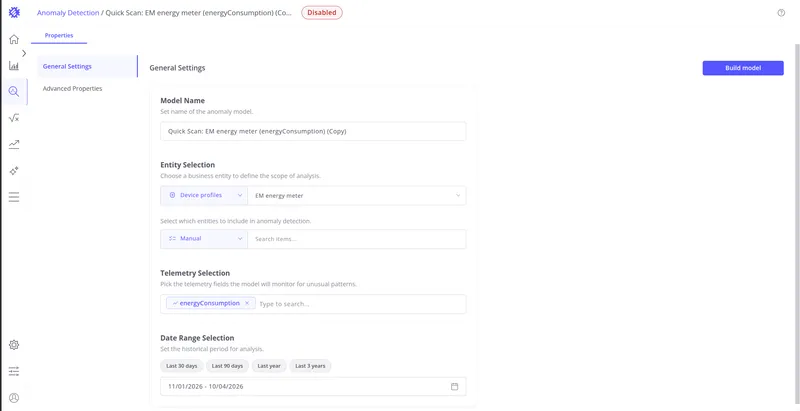 Duplicated model opened in the Properties tab showing the model name with (Copy) suffix and a Disabled status badge