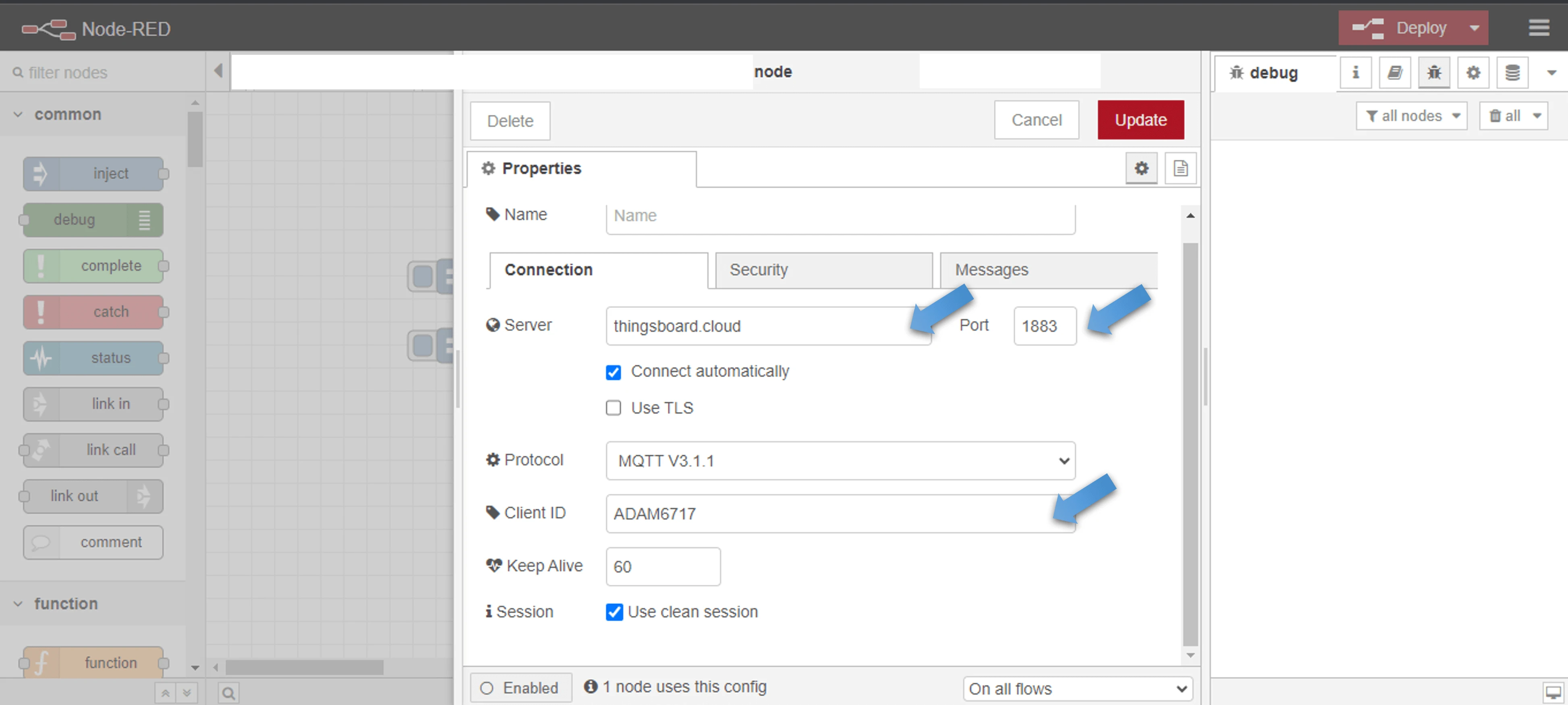 MQTT broker security tab with username and password