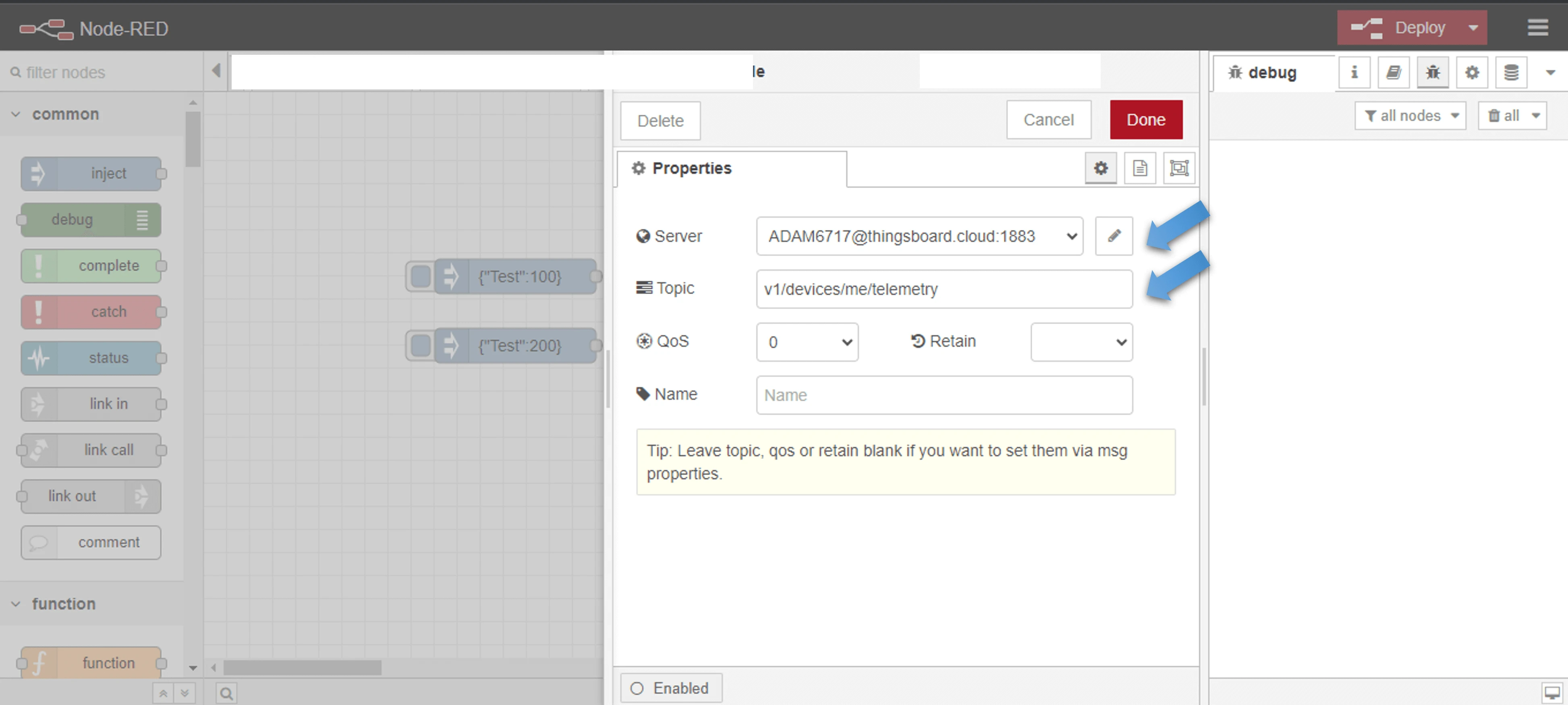 MQTT out node topic and QoS settings