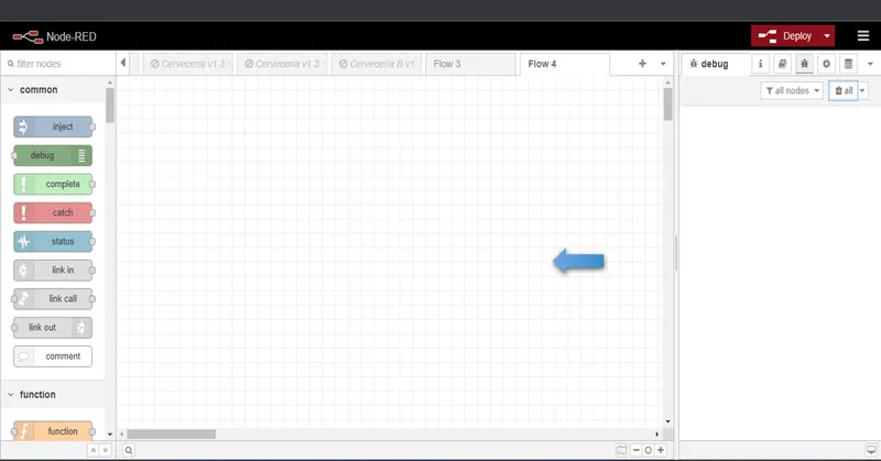 Node-RED interface with Nodes menu, Programming area, and Debug area