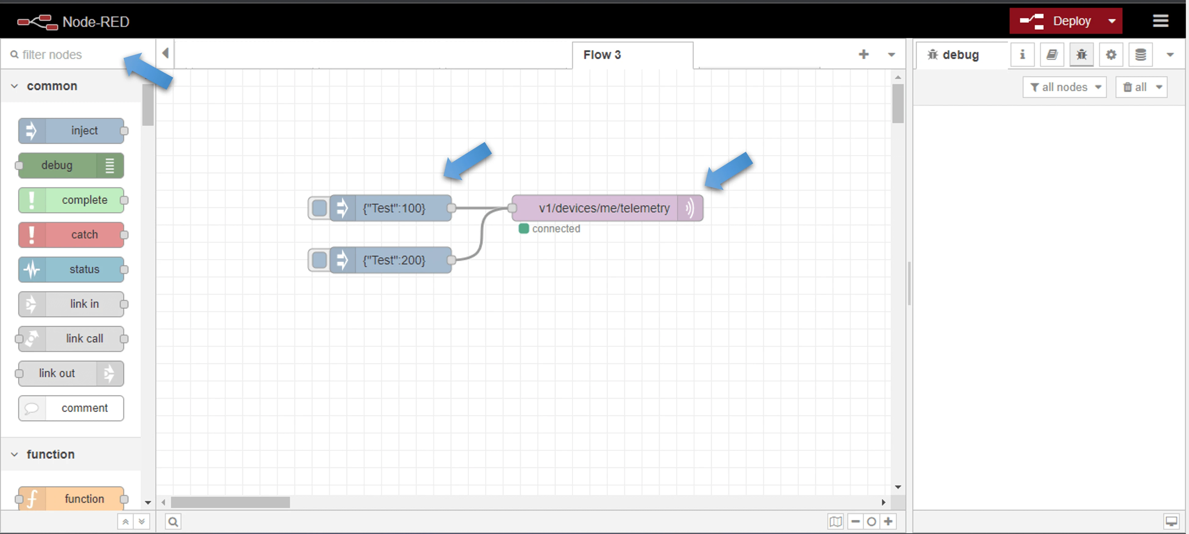 Node-RED workspace with inject and MQTT out nodes connected