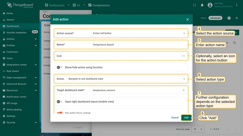 Add action dialog in advanced mode