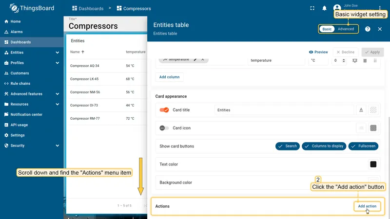 Actions section with Add action button