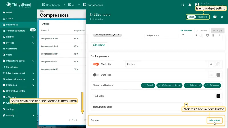 Actions section with Add action button