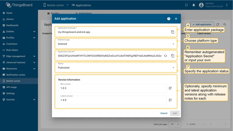 Add application dialog showing package name, Android platform, autogenerated Application Secret, Published status, and version fields