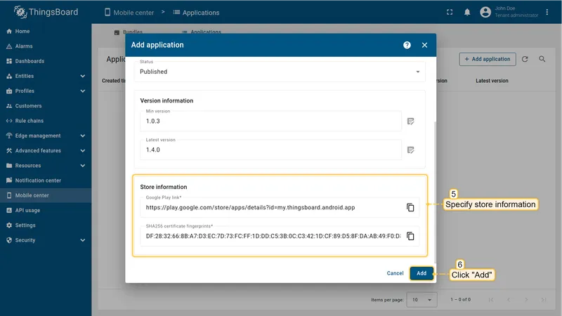 Add application dialog — Store information section with Google Play URL and certificate fingerprint fields