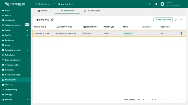Applications list showing the newly created Android application with status Published, Min version 1.0.3, Latest version 1.4.0
