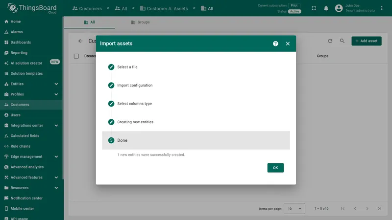 Import assets dialog completed