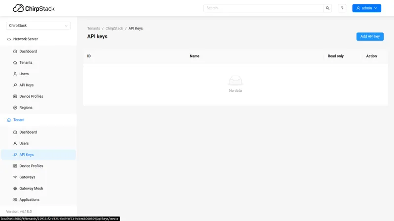ChirpStack UI — Tenant API Keys page with Add API key button