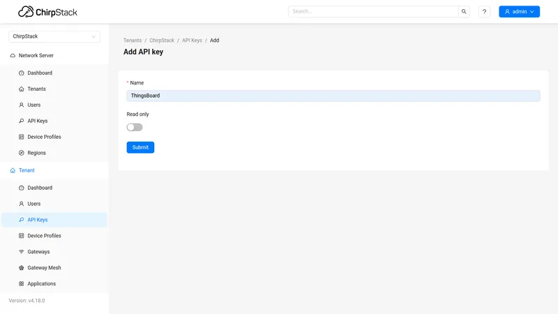 Add API key form with name field filled in as ThingsBoard