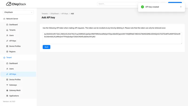API key created — token displayed in a text box with a note that it can only be retrieved once