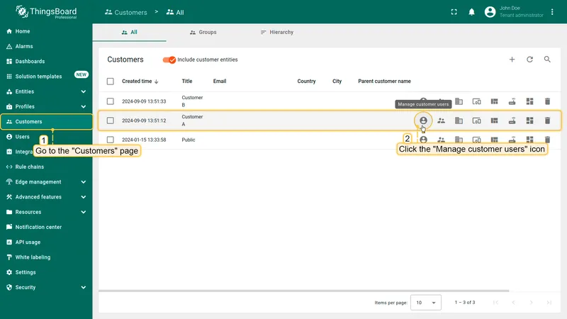 Open customers and manage users