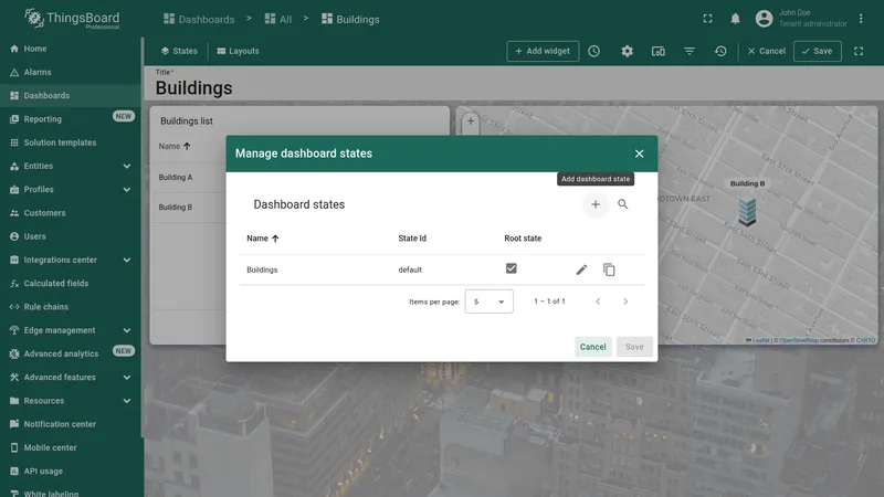 Manage dashboard states dialog with plus icon highlighted