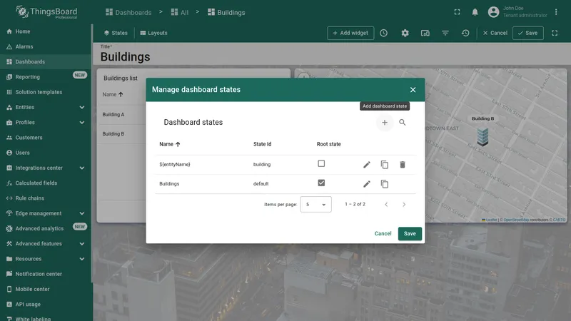 Manage dashboard states dialog showing building state added