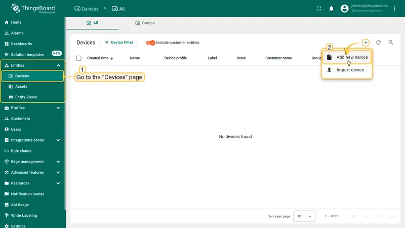 Open the **Devices** page. By default, you navigate to the device group **“All”**. Click on the **“+”** icon in the top right corner of the table and then select **“Add new device”**