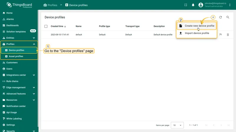 Go to **Profiles** > **Device profiles** and click on **"Add"** button > **"Create new device profile"**