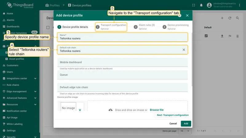 Input **Name** field with **"Teltonika routers"** value. Select **"Teltonika routers"** imported rule chain from the step above