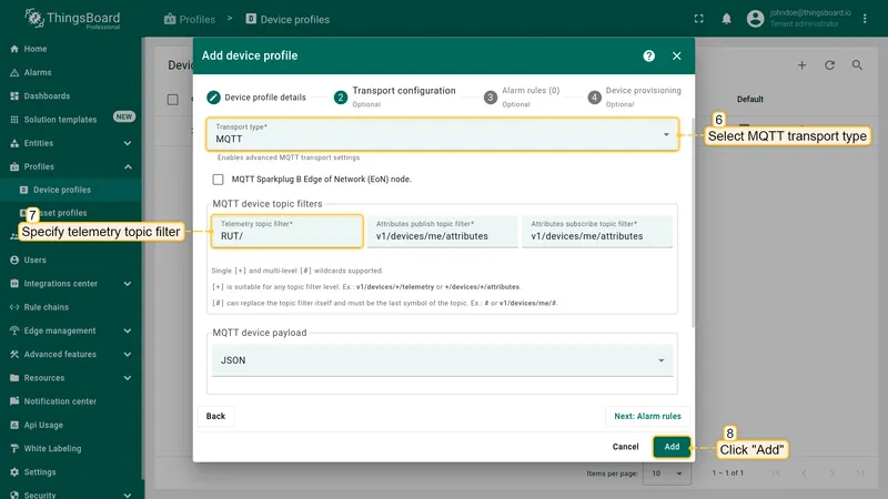 Click on **"Transport configuration"** tab. Select **MQTT** transport type and change **Telemetry topic filter** value from **"v1/devices/me/telemetry"** to **"RUT/"**. Click on **"Add"** button