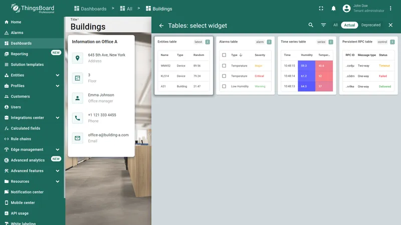 Widget selection dialog with Entities table