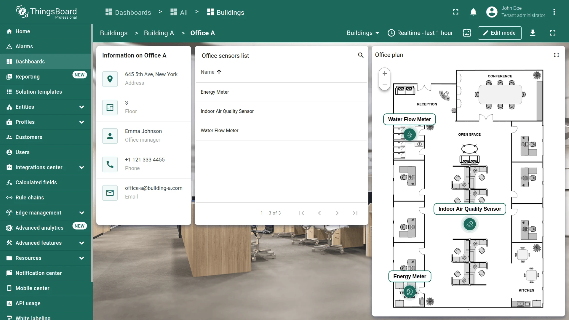 Office state in view mode — info card on left, sensors list table on right with air, energy, and water meter devices