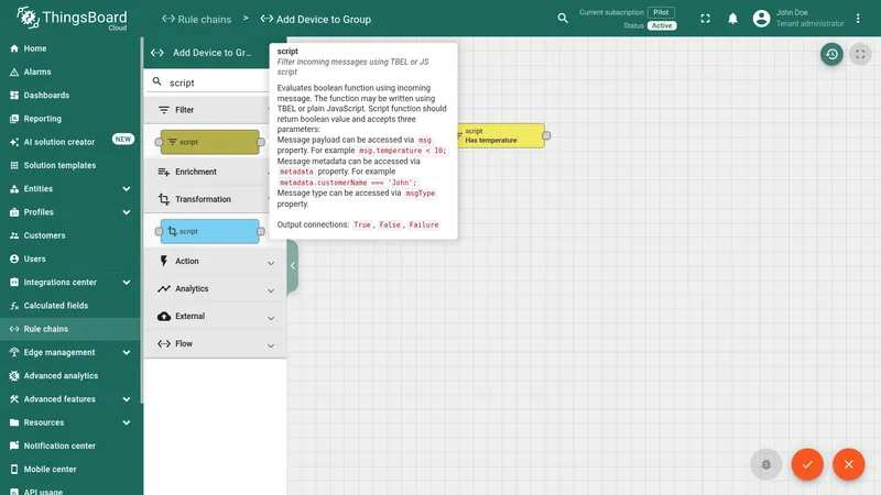 Script node added to canvas