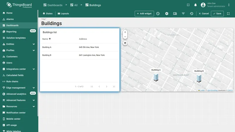 Dashboard layout with the Buildings list widget added next to the map widget