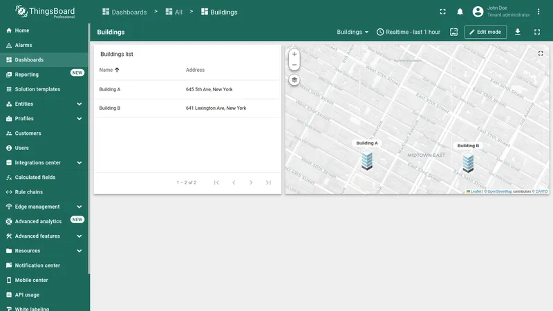 Final dashboard view with the Buildings list table and map widget