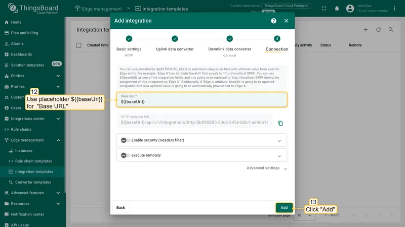 Integration Connection page — Base URL set to placeholder ${{baseUrl}}