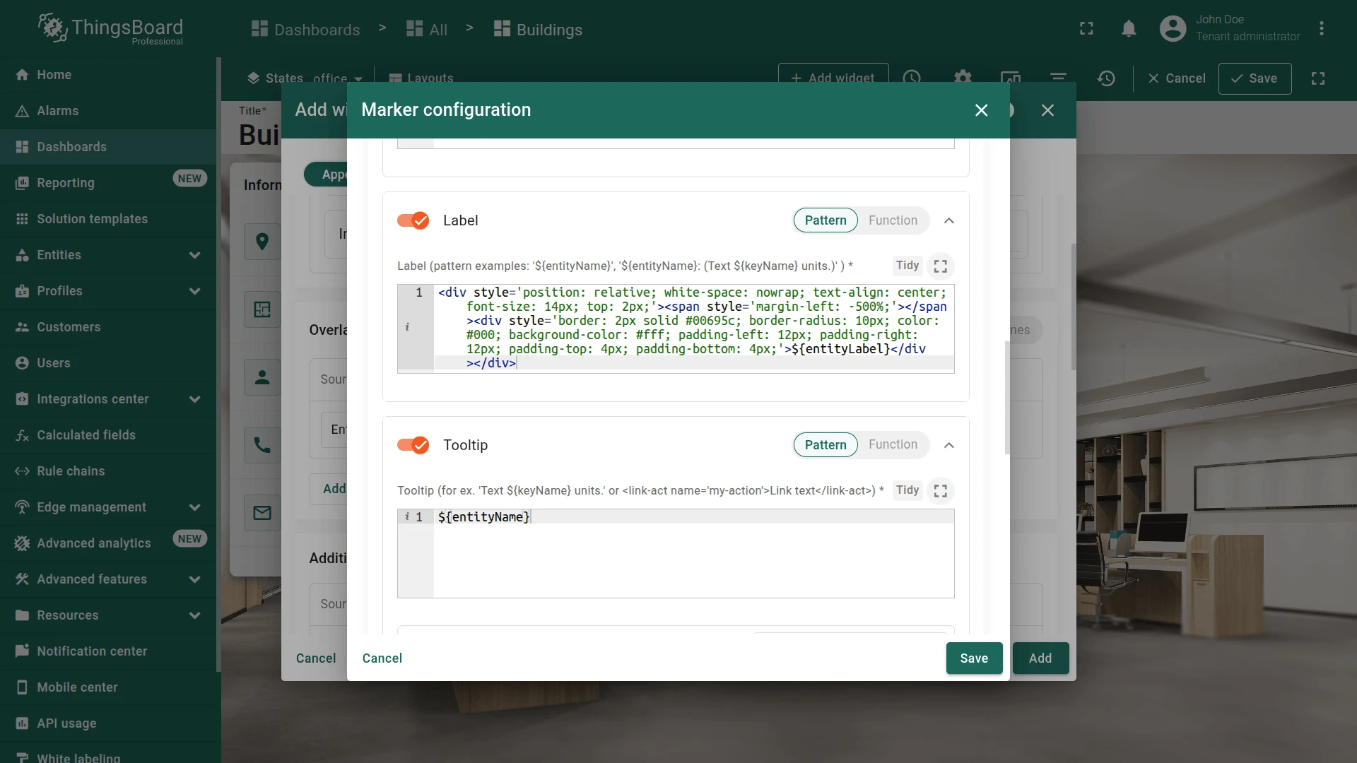 Label configuration showing HTML label function pasted into the Label field