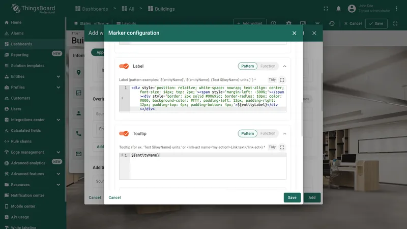 Label configuration showing HTML label function pasted into the Label field