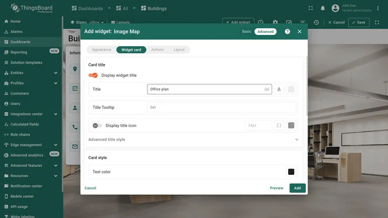 Widget card tab with title and styling options