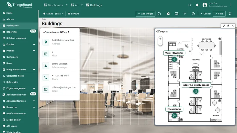 Final dashboard with Image Map widget displaying markers on office plan