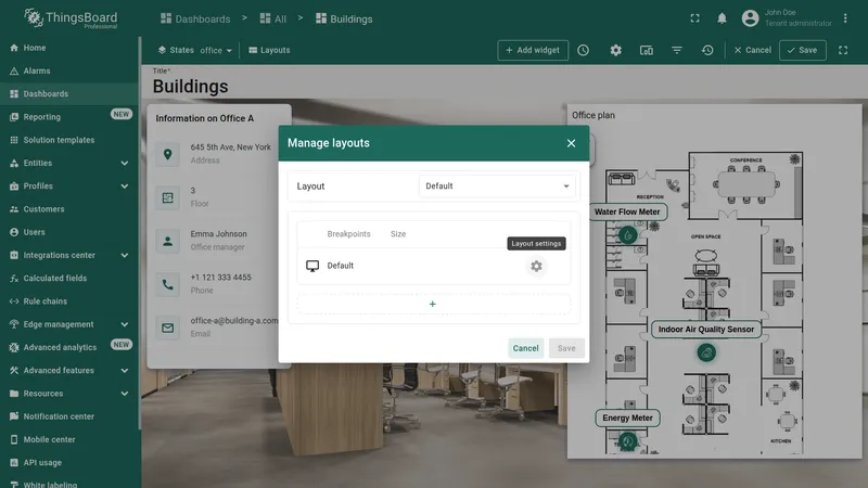 Manage layouts dialog opened from dashboard toolbar with Layout settings gear icon highlighted
